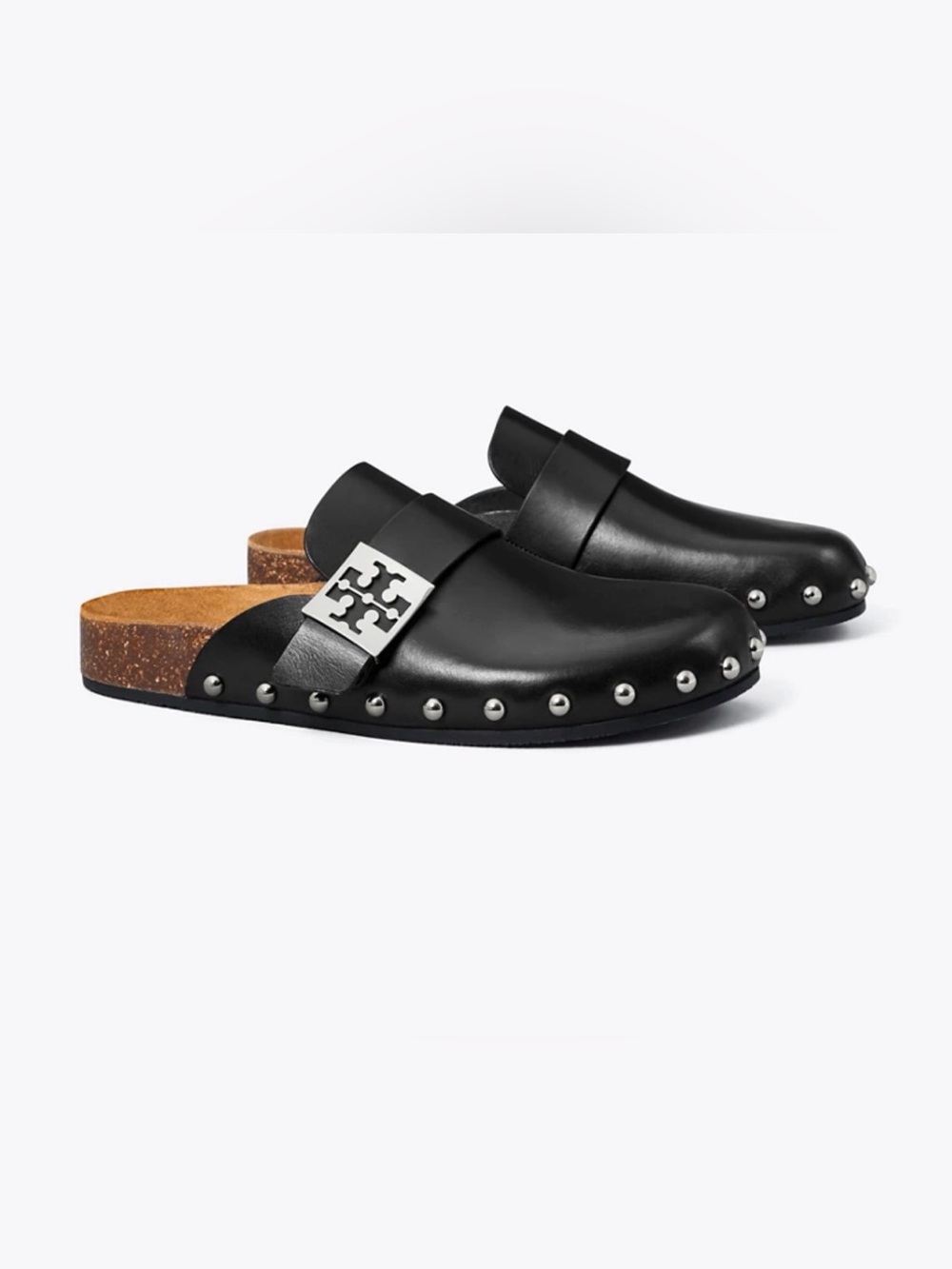 Tory Burch Black Leather Studded Slip-On Mules with Silver Logo